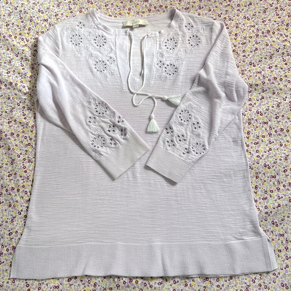 LOFT top 3/4 sleeve size L cutout floral embroidered tassel top